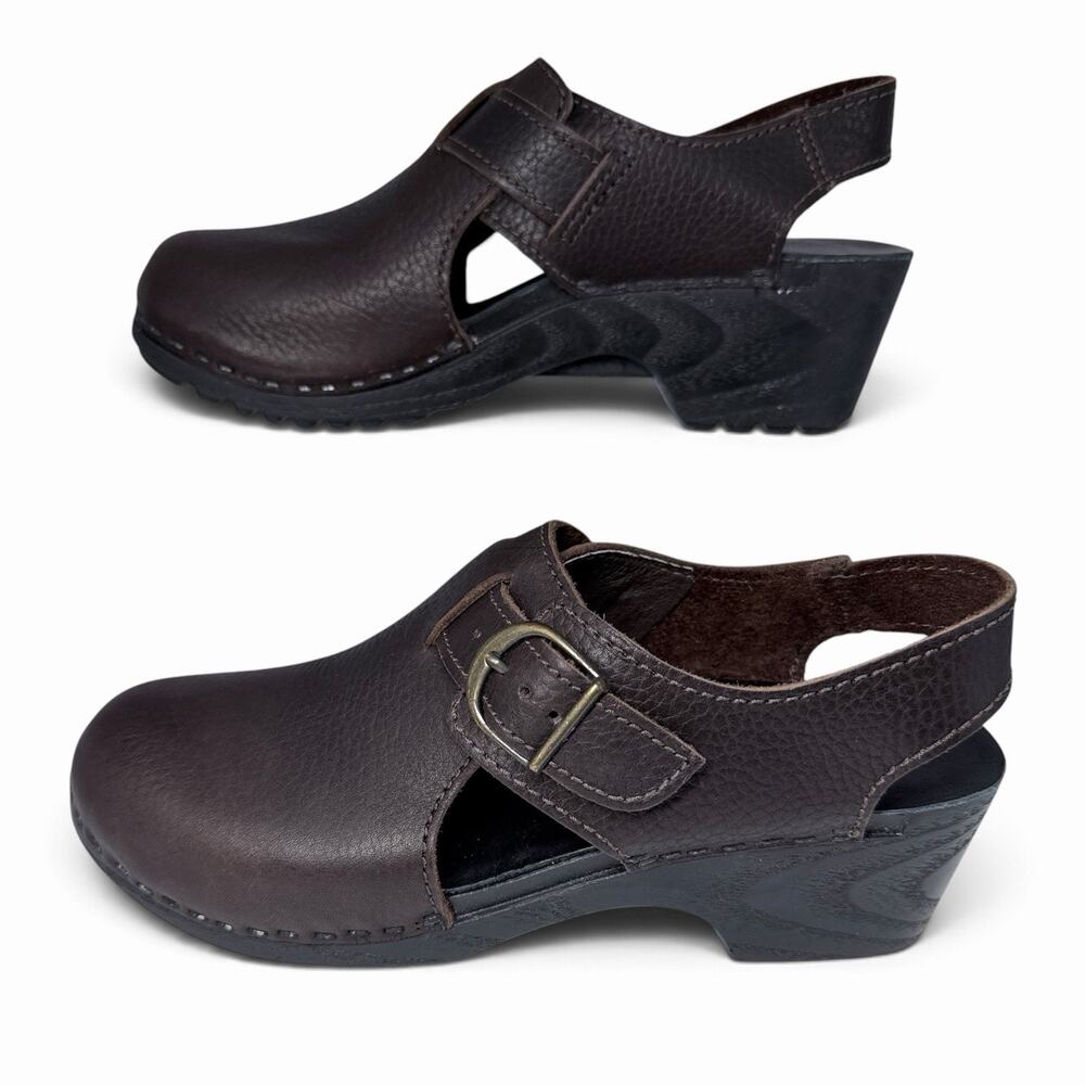L.L.Bean Leather Clogs Womens Sz 5 M Brown Slingback Buckle Platform Shoes USA
